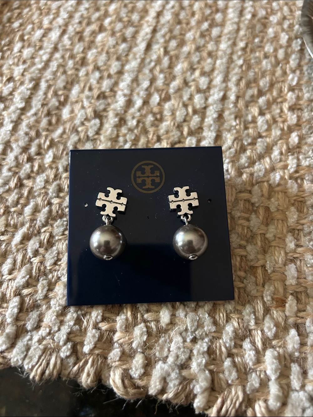 Tory Burch Silver Logo Drop Earrings with Gray Pearl Drops